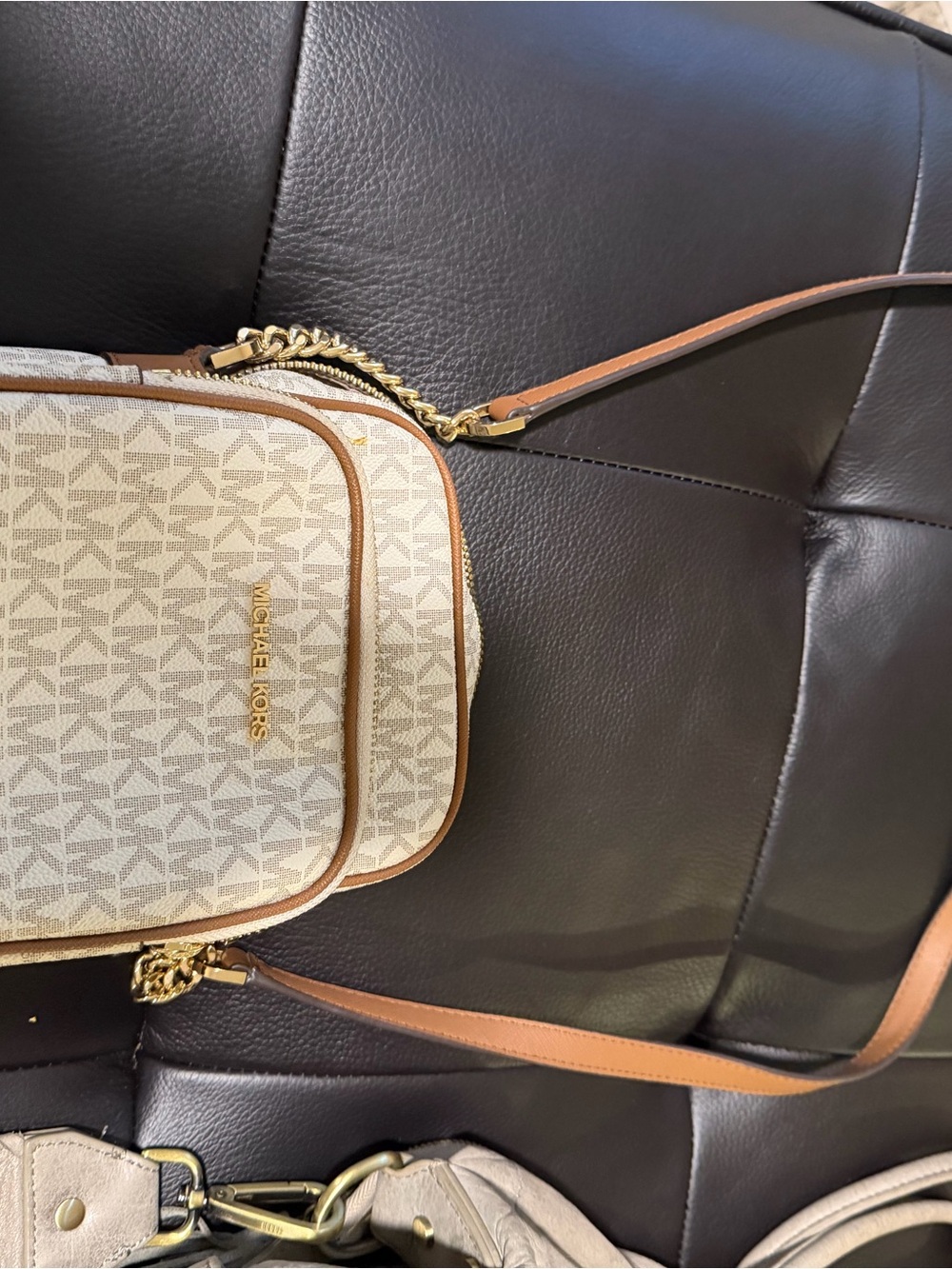 Michael Kors Beige Logo Crossbody with Tan Trim and Gold Hardware